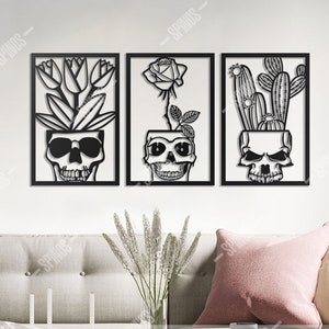 Skull Flower Pot Wood Wall Art: Gothic Home Decor, 3 Piece Set