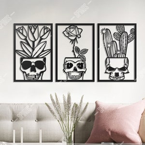 Skull and Flower Wall Art - Skull Flowerpot Wood Wall Decor - Tulip, Rose, Cactus Wall Sign - Gothic Wall Hanging - 3 Pieces Skull Pot Art