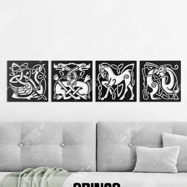 Décor mural animal celtique - Art mural de nœud celtique - Art de la corde - Irısh / Mythologie galloise - Signe d’esprit animal - Signe mural 4 pièces - Art rustique