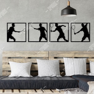 Badminton Player Wooden Wall Art Set – 4-Piece Minimalist Sports Silhouette Decor