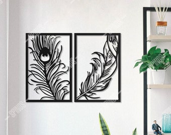 Feather Wood Wall Art - Down / Plume Wall Decor - Peacock Feather Wall Sign - 2 Pieces Bird Feather Wall Hanging - Office / Home Decoration