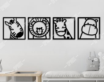 Cartoon Animal Wood Wall Art: Nursery Decor, Lion, Zebra, Giraffe, Hippo