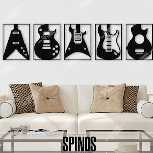 Guitar Wood Wall Art, 5 Pieces Music Wall Decor, Electric, Acoustic, Bass Guitar Wall Hanging, Decal, Sign, Gift for Music Lover, Guitarist