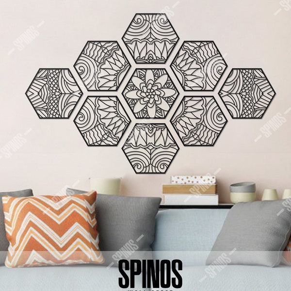 Hexagon Floral Mandala Wood Wall Art, Décor mural fleuri, Signe de fleurs sauvages, Multi pièces hexagonales, Tenture murale orientale, Panneau géométrique