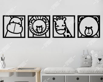 Animals Wood Wall Art, Kids / Nursery/ Children Room Decor, Cartoon Lion, Bear, Giraffe,Hippo Home Decoration, Gift for Son/ Girl / Child