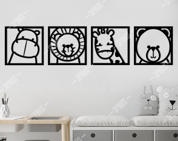 Animals Wood Wall Art, Kids / Nursery/ Children Room Decor, Cartoon Lion, Bear, Giraffe,Hippo Home Decoration, Gift for Son/ Girl / Child
