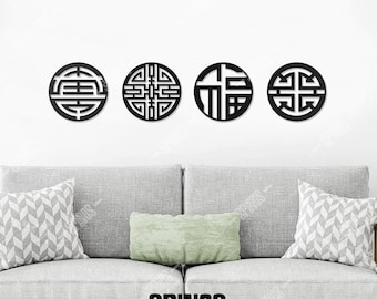 Feng Shui Wood Wall Art - Lu, Cai, Shou, Fu Wall Decor - Wealth Attraction Hanging - Chinese Geomancy Sign - Ancient China Cultural Symbols
