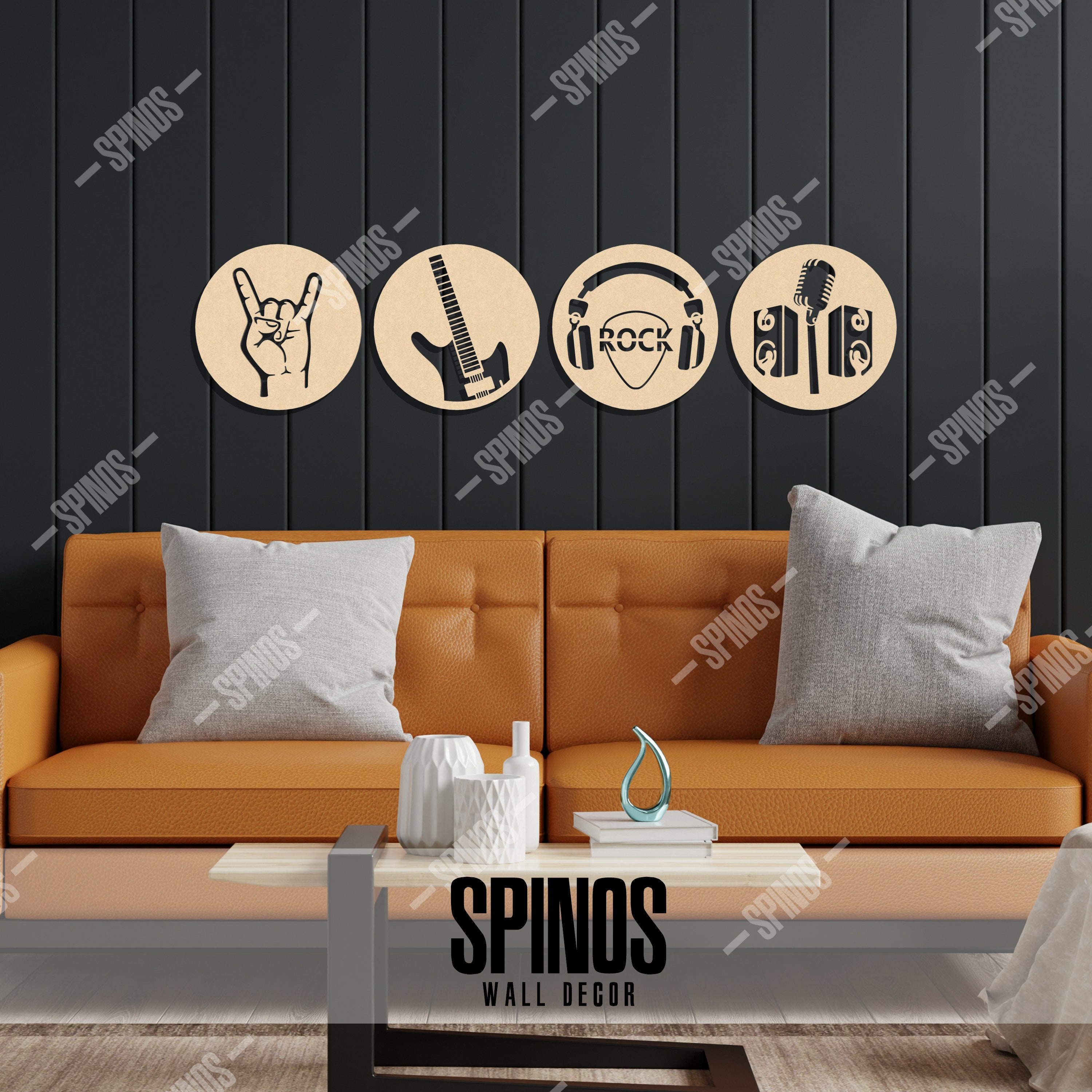 Rock Music Wood Wall Art: Guitar, Sign of Horns Decor - 4 Piece