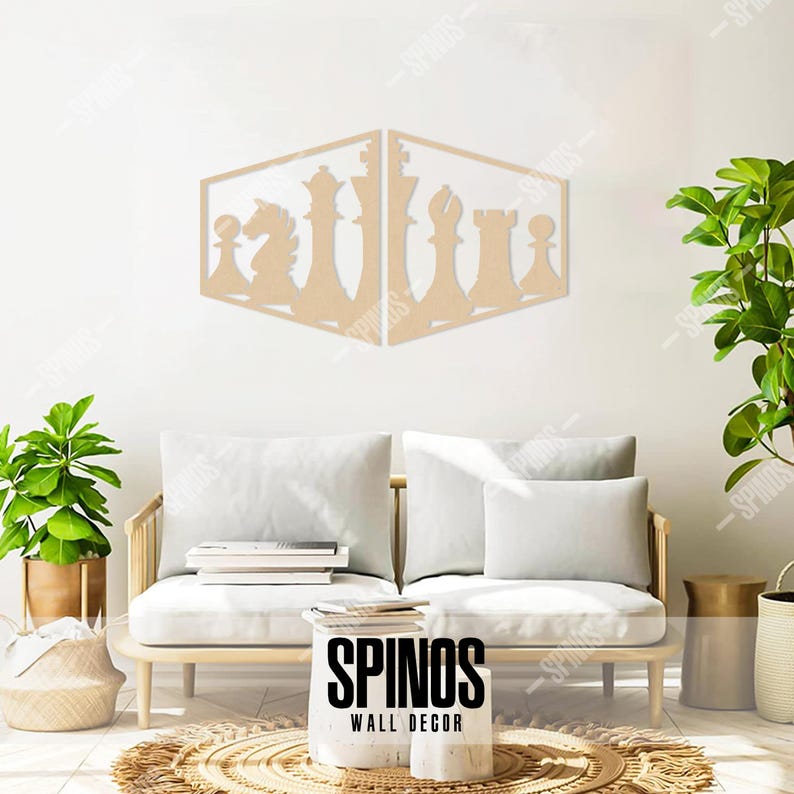 May include: A wooden wall decor featuring a chess set design. The pieces are cut out in a geometric pattern and arranged in a diamond shape. The decor is painted in a light wood colour and has the text "SPINOS WALL DECOR" at the bottom.