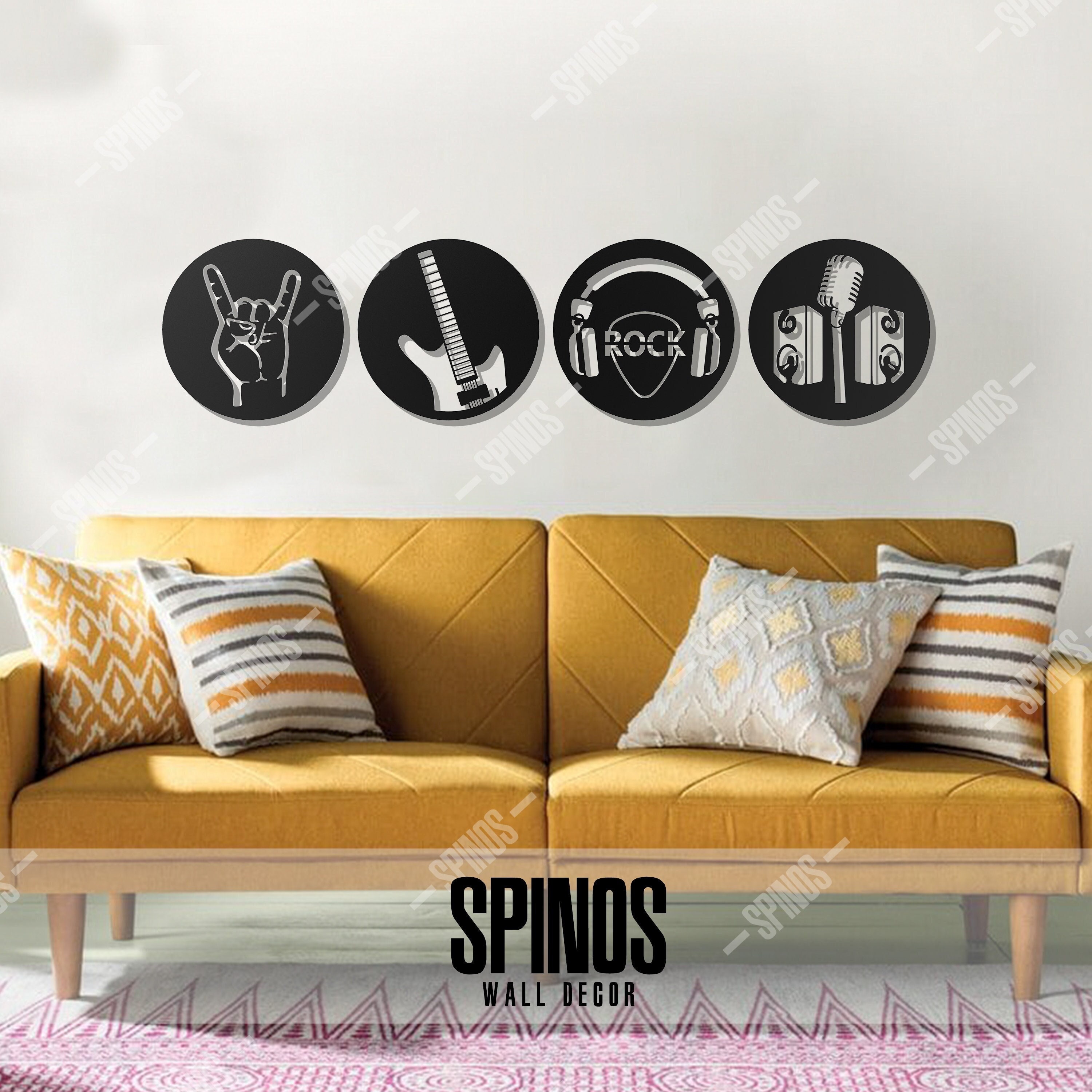 Rock Music Wood Wall Art: Guitar, Sign of Horns Decor - 4 Piece