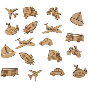 May include: A set of 15 wooden cutouts of various vehicles and objects, including a sailboat, a rocket, a submarine, a car, a plane, a motorcycle, and a fire truck. The cutouts are all made of natural wood and have a rustic, unfinished look.