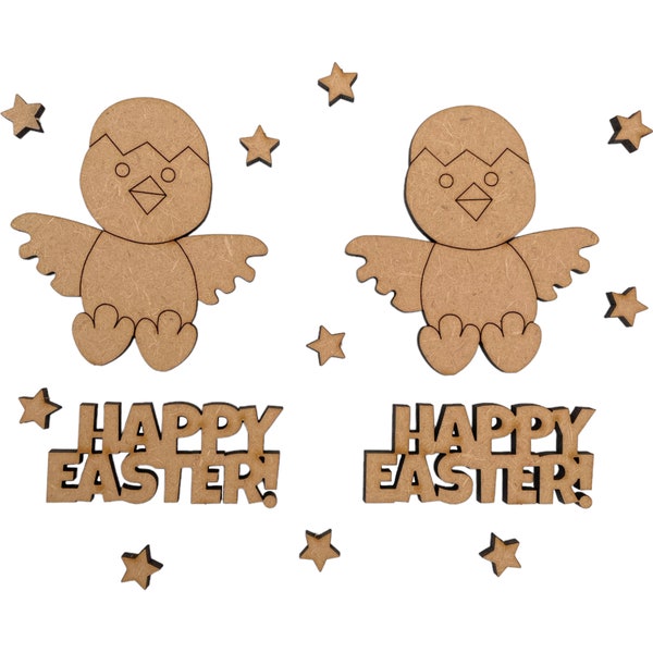 2x Easter Chicks 2x Happy Easter  Pop Out Mdf Craft Laser Cut Card Making Decorations