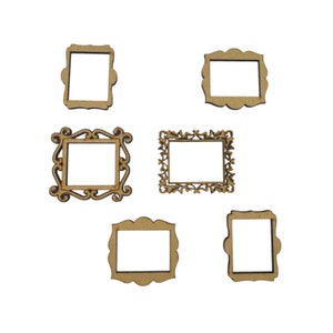 May include: Set of six unfinished wooden picture frames in various sizes and styles. The frames are all made of natural wood and have a rustic look.