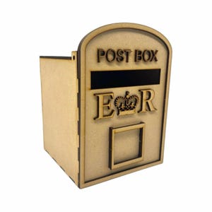 May include: A wooden post box with a slot for mail, a small window, and the text "POST BOX" and "E R" with a crown above the "E".