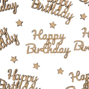 May include: Wooden "Happy Birthday" cutouts in a cursive font, scattered with small star shapes, against a white background. The natural wood color of the letters and stars provides a warm contrast.