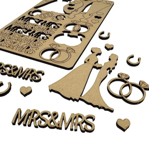 Pan i Pani Pani i Pani Pan i Pan Ślub Panna Młoda Pan Młody Pierścienie Serca Zestaw do robienia kartek Lasercut Mdf Craft