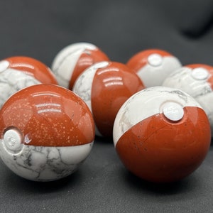 Crystal Carved Pokeball Statue: Howlite & Red Jasper
