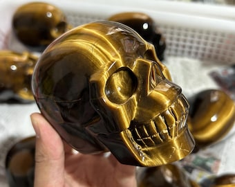 Cráneo de cristal tallado en jaspe ojo de tigre - Decoración curativa de 4 pulgadas