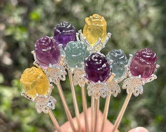 5.8&quot; Natural Crystal hairpin rainbow fluorite handmade rose flower, healing crystals, fluorite carving hairpin, home decor gifts