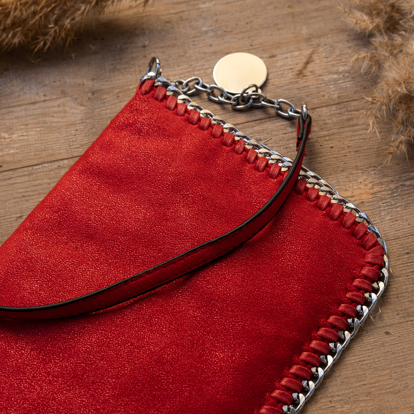Red Real Suede Hand Bag Clutch Tote Crossbody With Chain Decor Etsy