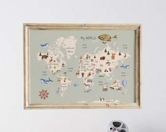 Dierenwereld kaart print, wereldkaart kunst aan de muur, educatieve poster, kinderkamer kaart, kinderkamer decor, speelkamer print, aquarel