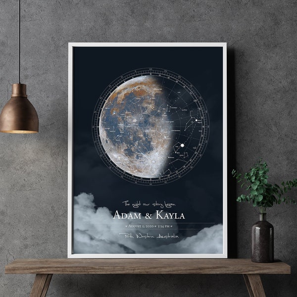 Phase de lune personnalisée | Carte des étoiles personnalisée | Art cadeau personnalisé | Phases de lune personnalisées | Carte des étoiles et phases de la lune personnalisées