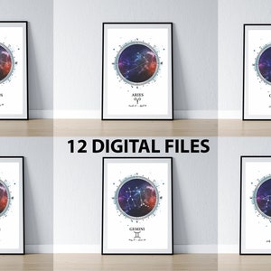 12 Astrologie Sterrenbeelden, Star Sign Print, Horoscoop Print, Zodiac Wall Art, Zodiac Print, Astrologie Wall Art, Slaapkamer Wall Art