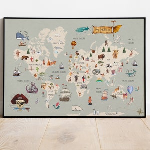 Tierweltkarte für Kinderzimmer, Piratenweltkarte, Weltkarte Wandkunst, Kinderzimmer Karte, Tierkarte Poster für Kinder