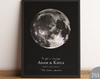 May include: Black and white moon phase print with the text "The night our story began Adam & Kayla August 3, 2010 3:34 PM Perth Western Australia"