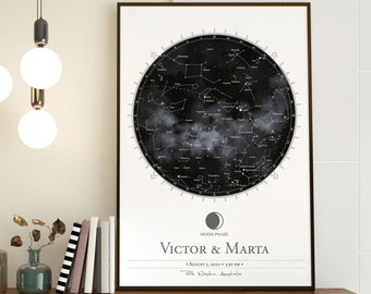 May include: A black and white star map print with the names Victor & Marta and the date August 5, 2020 at 5:10 PM. The moon phase is a crescent moon. The location is listed as Toowoomba, Australia.