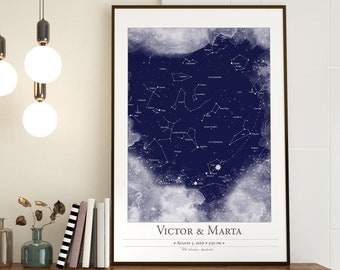 Geboorteposter gepersonaliseerde | Custom Star Kaart | Nacht hemelkaart op datum geschenk aquarel