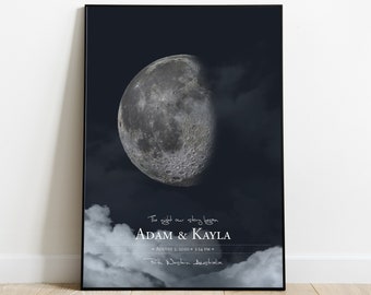 以下が含まれることがあります： 「The night our story began Adam & Kayla November 1, 2019 - 7:14 PM Toowoomba, Queensland, Australia」というテキストが書かれた、白黒の月の満ち欠けのプリント