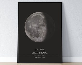 May include: A black and white moon phase print with the text "Our story Adam & Katya August 5, 2020 3:34 PM Perth, Western Australia"