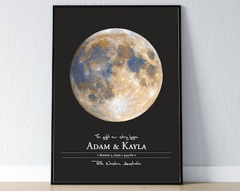 May include: A black and white print with a photo of the moon and the text "The night our story began Adam & Kayla August 5, 2020 3:34 PM Perth Western Australia."