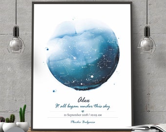 Custom Star Kaart | Nacht hemelkaart op datum geschenk aquarel, DIGITAAL BESTAND | Geboorteposter gepersonaliseerd