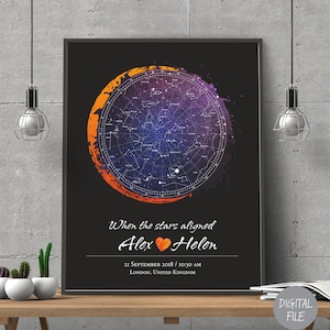 Custom Star Map Night sky map by date gift watercolor, DIGITAL FILE Birth poster personalized image 1