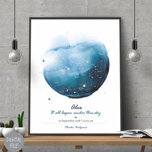 Personalisierte Sternenkarte | Nachthimmel Karte nach Datum Geschenk Aquarell, DIGITALE DATEI | Geburtsposter personalisiert