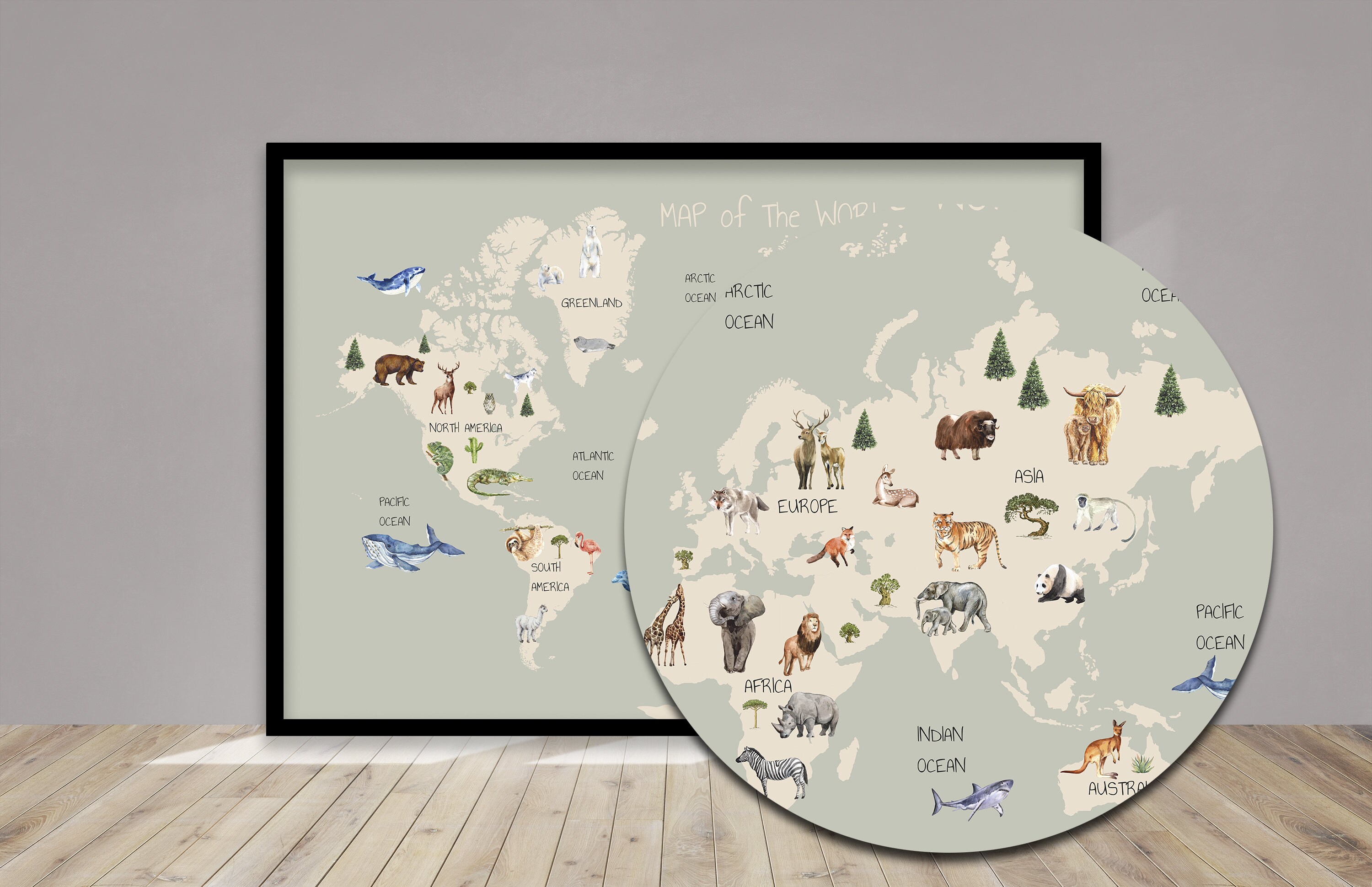 Animal World Map Print, World Map Wall Art, Educational Poster, Nursery