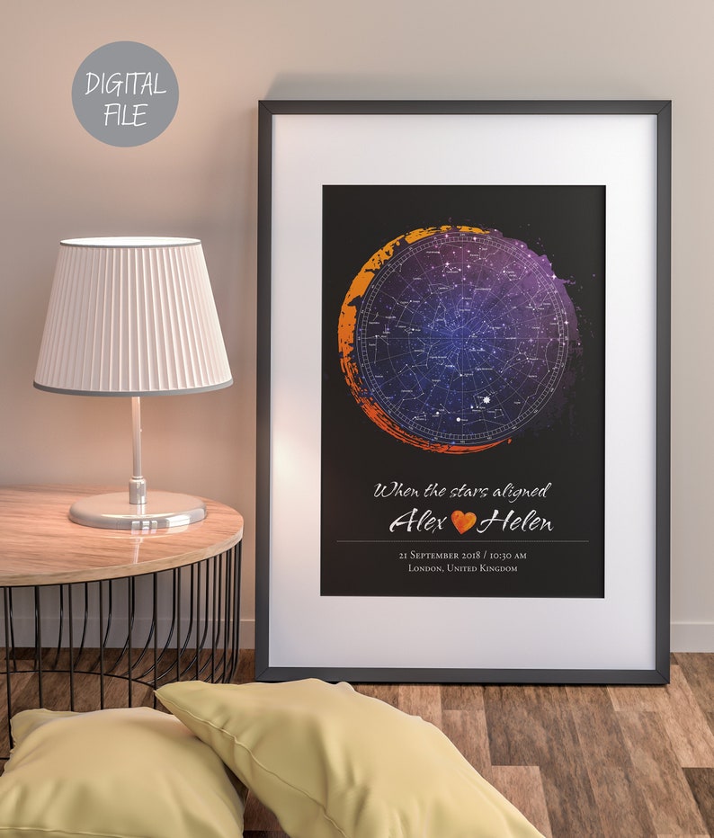 Custom Star Map Night sky map by date gift watercolor, DIGITAL FILE Birth poster personalized image 2