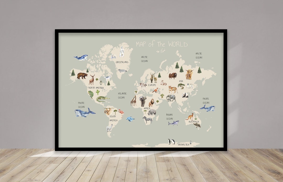 Watercolor Animal World Map Print: Kids Nursery Decor (digital Download ...