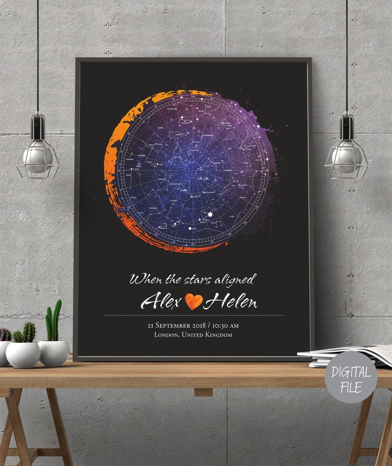 Custom Star Map Night sky map by date gift watercolor, DIGITAL FILE Birth poster personalized image 1