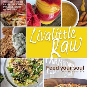 Peut inclure: Un collage d'images présentant des recettes de cuisine crue. Les images comprennent un bol de salade avec une épice rouge, un bol de sauce verte avec des craquelins, un verre de smoothie en couches, un bol de salade avec une vinaigrette jaune et une pancarte qui dit "Livalittle Raw Feed your soul and detox your life".