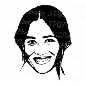 Può includere: Silhouette in bianco e nero di un viso con un ampio sorriso. La persona ha i capelli corti e scuri e guarda direttamente lo spettatore.