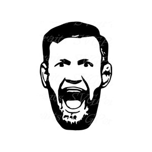May include: Black and white silhouette of a man's face with a beard, the man is shouting with his mouth open.
