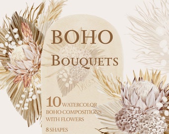 Boho Watercolor Clipart – Dried Flowers & Palm Leaves (Digital Download)
