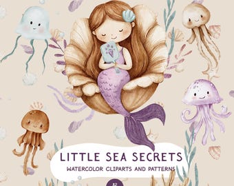 May include: Watercolor clipart set featuring a mermaid sitting in a seashell, surrounded by jellyfish and seaweed. The set includes 82 items and is titled "Little Sea Secrets Watercolor Cliparts and Patterns".
