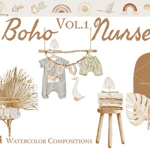 Boho Nursery Watercolor Clipart Bundle, Baby Shower Kit (digital ...