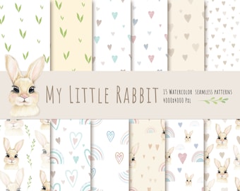 Watercolor Rabbit Seamless Pattern, Baby Digital Paper (Digital Download)