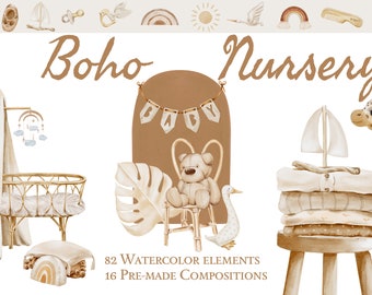 Boho Nursery Watercolor Clipart Set, Baby Shower Graphics