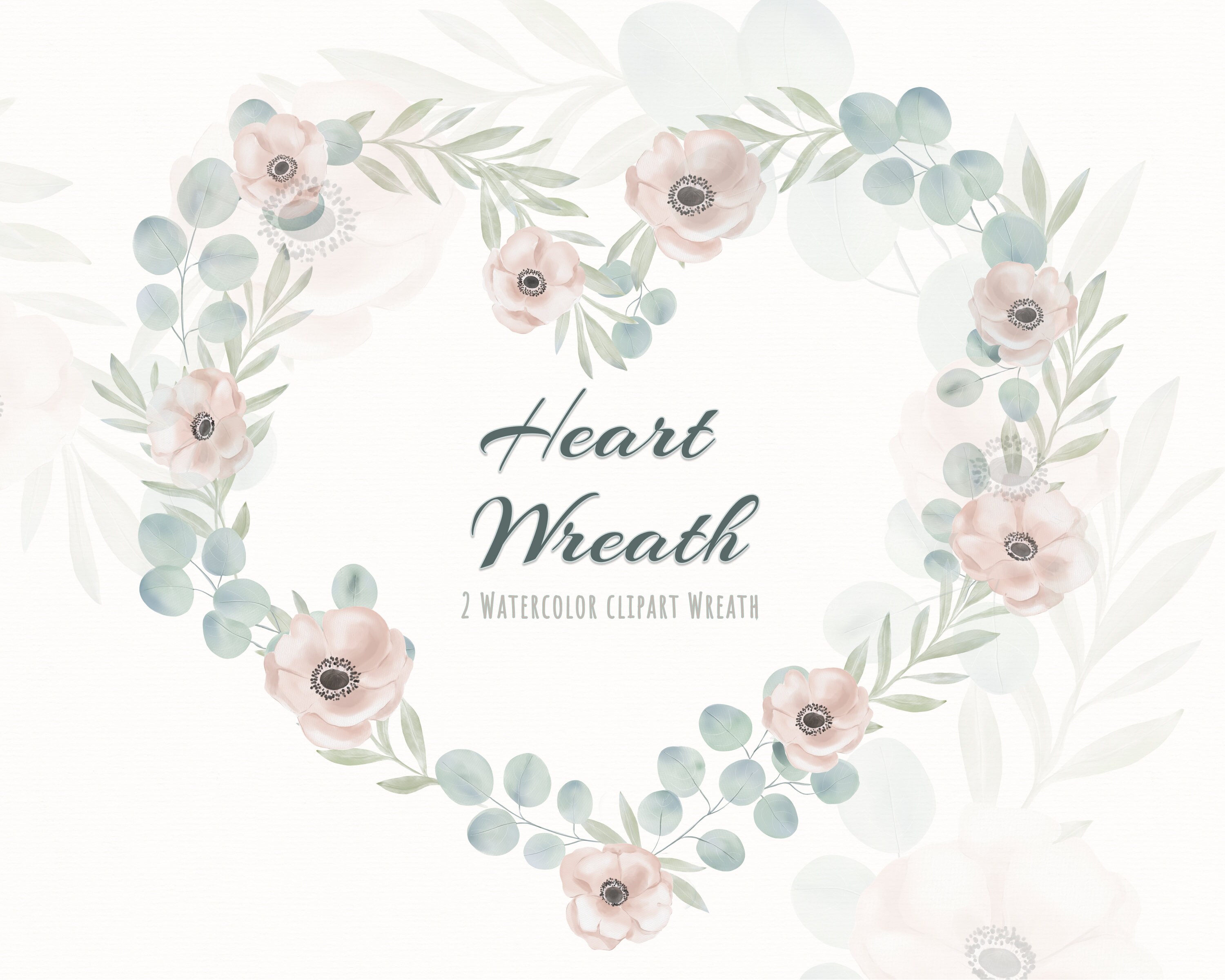 Watercolor Greenery Heart Wreath, Single Frame Wreath Floral Spring ...